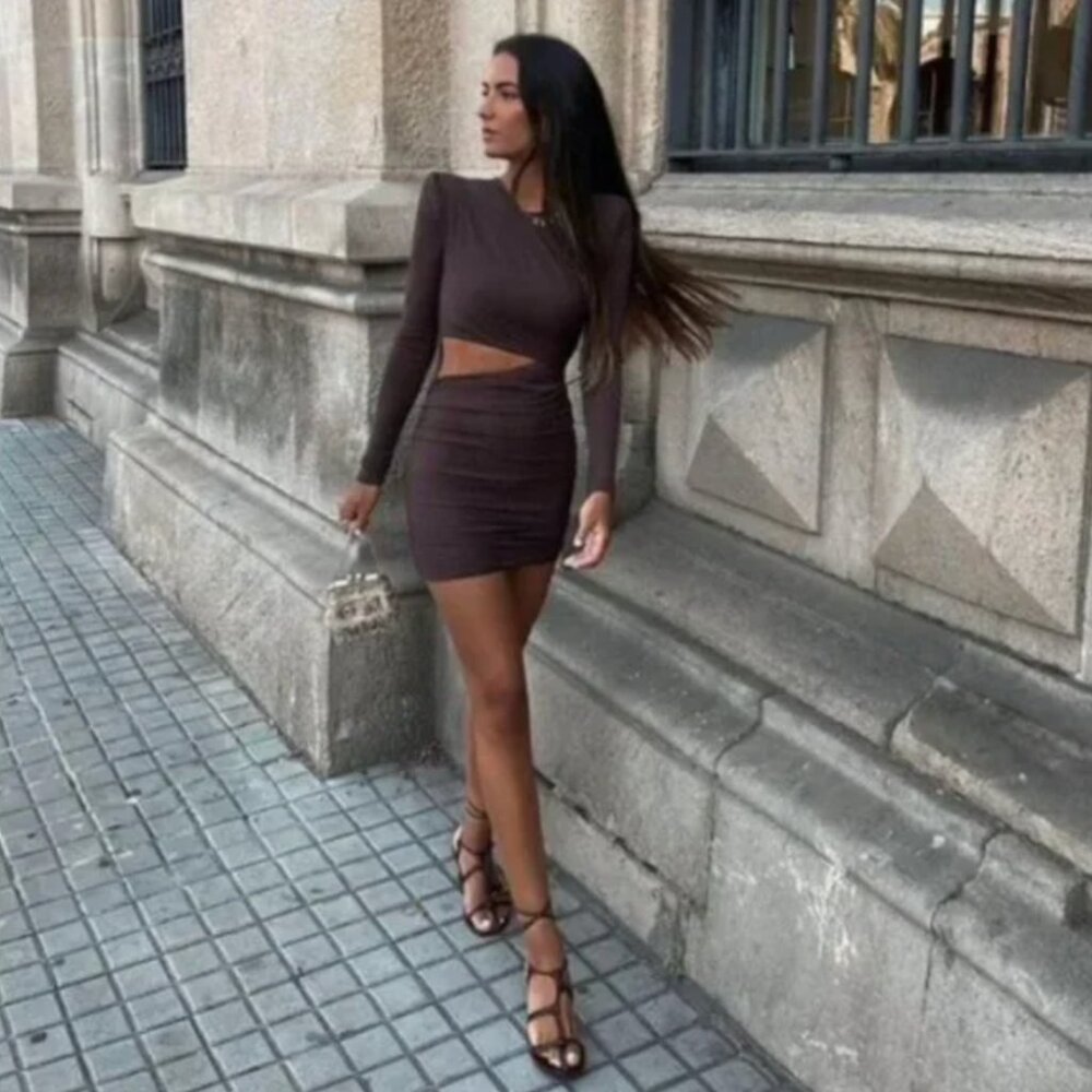 Zara Draped Brown Cutout Mini Dress, Size XS